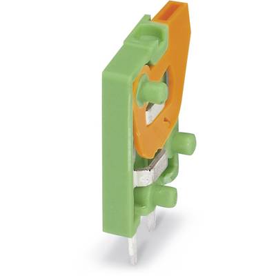 A green and orange plastic plug with two metal pins, likely part of an electrical or electronic device.