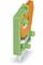 A green and orange plastic plug with two metal pins, likely part of an electrical or electronic device.