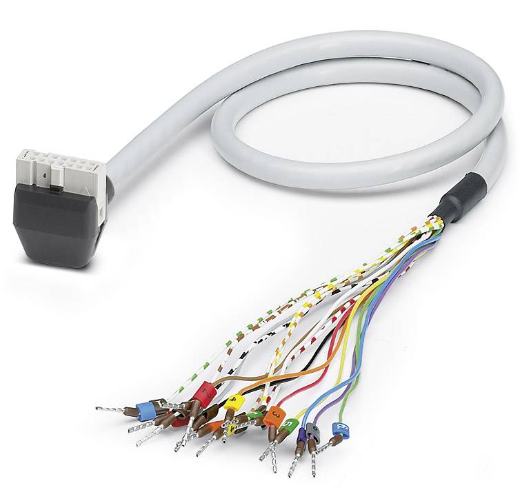 A multi-coloured cable with individual wires terminates in a plug connector. It is used to connect electronic components.