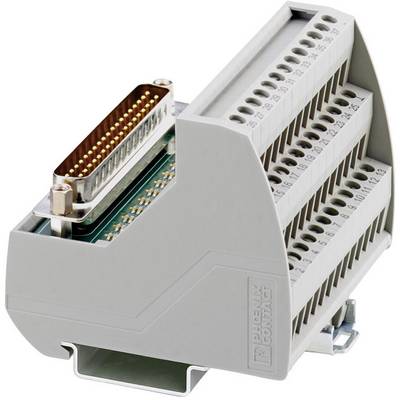 A grey industrial connector with multiple terminal blocks and a gold-coloured plug, suitable for control panels.