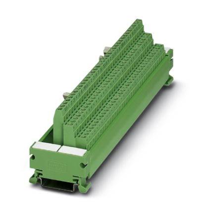 Green, rectangular electrical connector block with multiple slots and terminals, suitable for mounting on a rail.