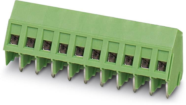 Green electrical connector with ten terminals in a row, used for connecting electrical wires.