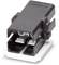 Black electrical connector plug on white background; used for connecting electrical cables in technical devices.