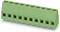 Green, rectangular PCB connector with ten terminals. Suitable for electrical connections.