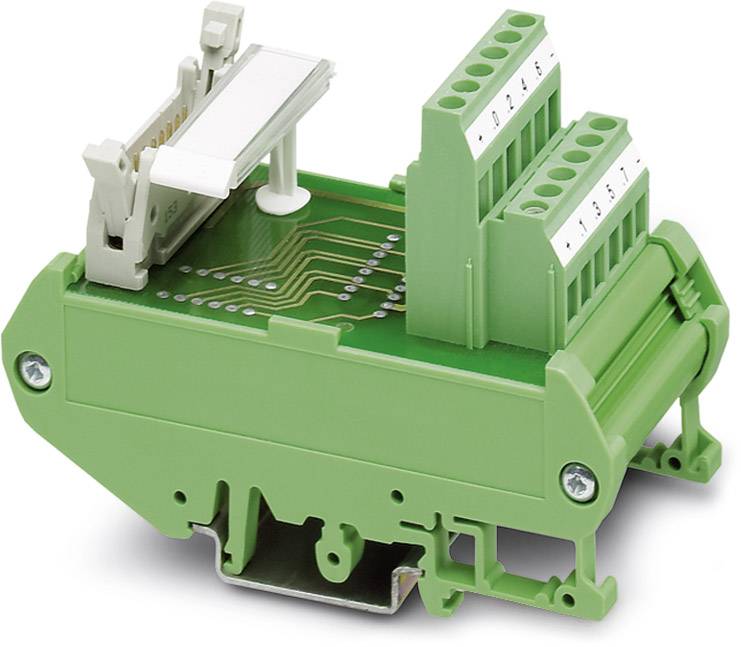 Green electrical interface module with screw terminals at the top, circuit board visible, suitable for DIN rail mounting.