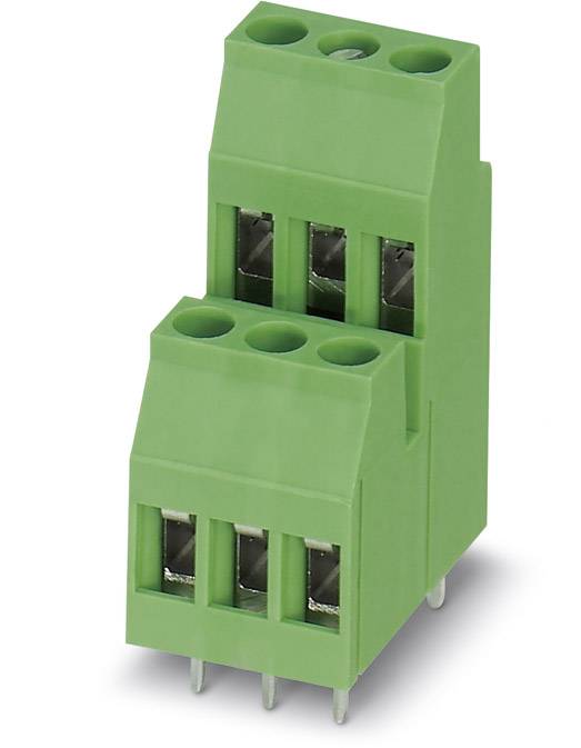Green connector with two levels, each featuring three connection sockets, used for electrical connections on printed circuit boards.