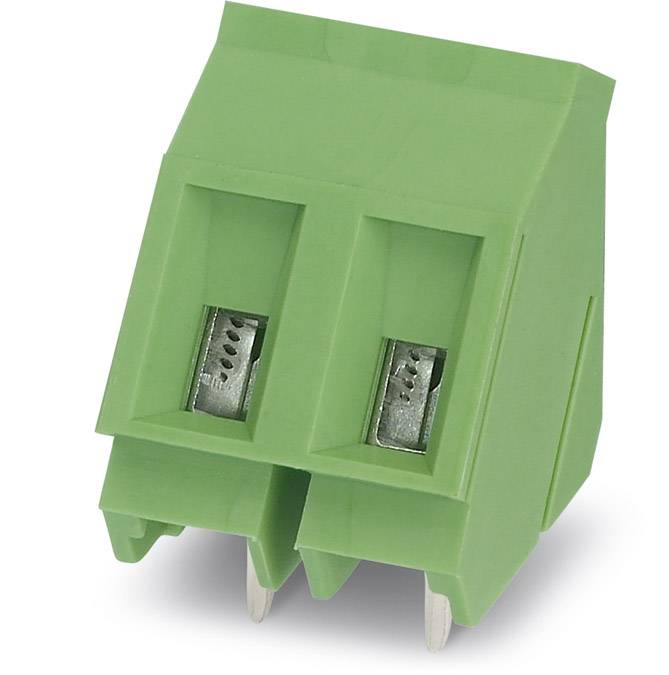 Green, two-pole terminal block for printed circuit boards with two metal contacts, diagonal arrangement for secure electrical connections.