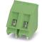 Green, two-pole terminal block for printed circuit boards with two metal contacts, diagonal arrangement for secure electrical connections.