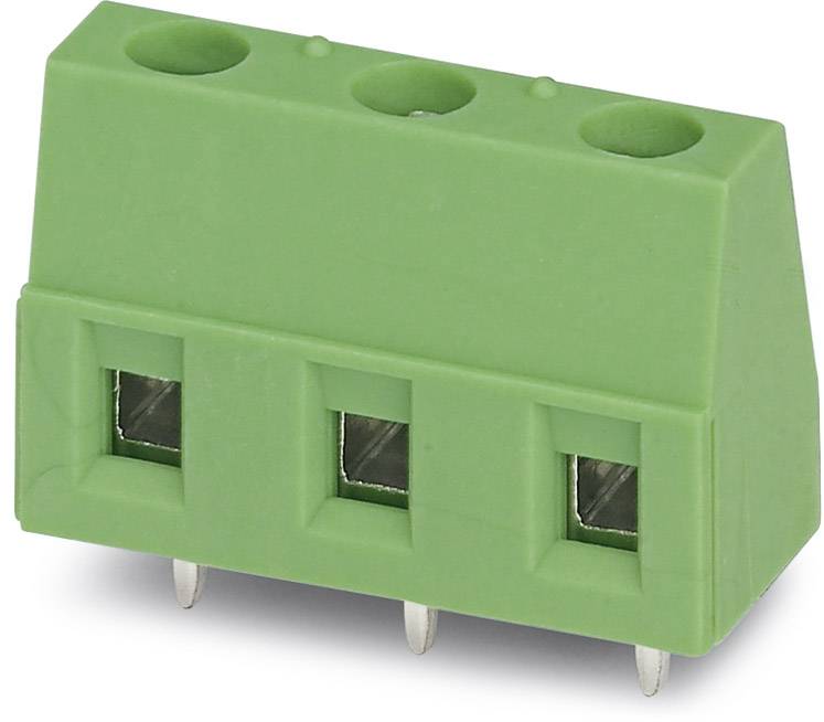 Green connector with three terminals, flat plug sockets visible. Connector is used in electronic circuits.