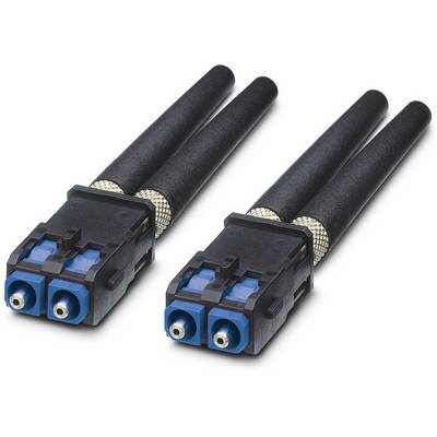 Two black, two-pole circular connectors with blue tips and metallic screw locks, arranged in a double configuration.