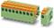 'Green and orange terminal blocks for PCB mounting. On the left, a larger block, on the right, a smaller terminal block.'