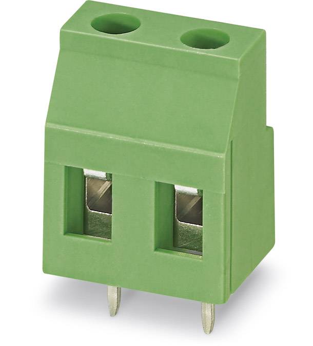 Green connector with two terminals and metal pins on the underside, suitable for mounting on printed circuit boards.
