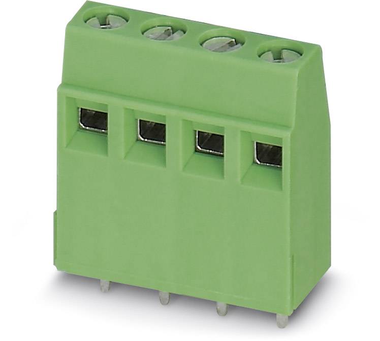 A green panel-mount connector with four pins, suitable for electrical connections on circuit boards.
