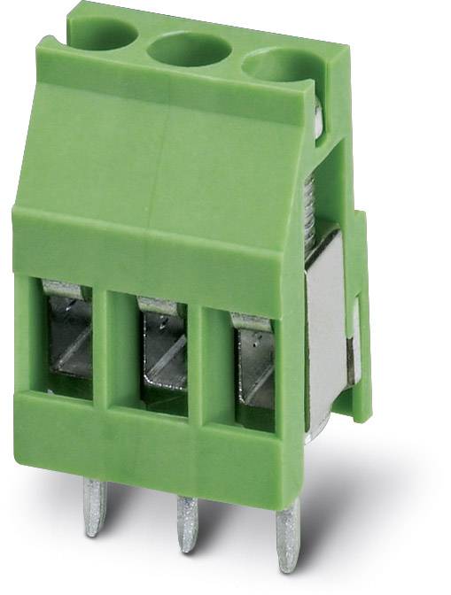Green connector with three connection options and metallic contacts, for use in electronic devices.
