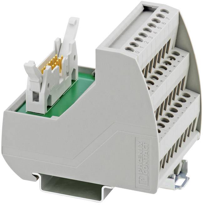 Grey electrical connection module with a multi-level design that allows multiple cable connections. The brand name 'Phoenix Contact' is visible.