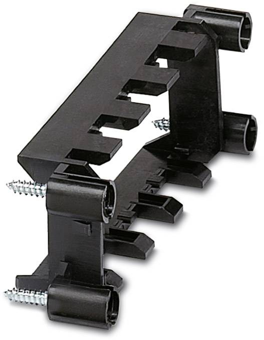 Black plastic multi-slot holder with four screws, suitable for mounting cables or small components.