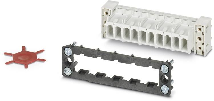 A connector set consisting of a white multi-cable connector, a black frame with screw holes, and a red plastic component.