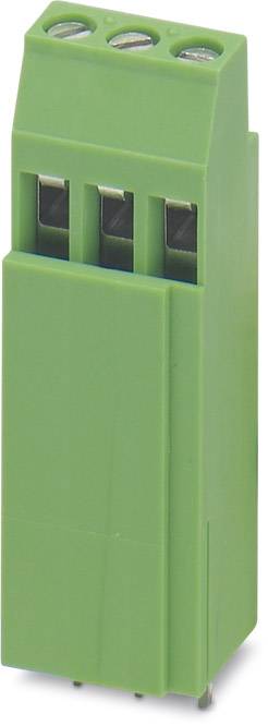 Green electrical connector with three terminals, vertically oriented.