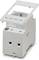 White adapter socket in portrait orientation with protective cover, mounting space for DIN rail, suitable for industrial applications.