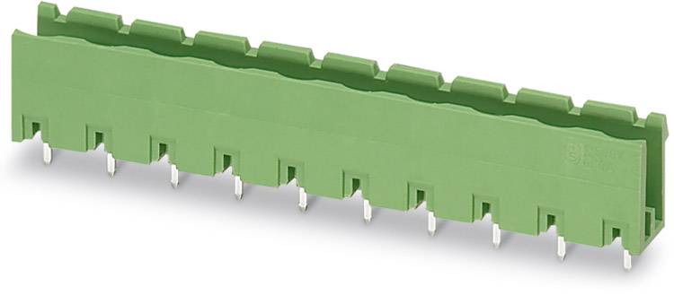 Green electric connector with multiple contact pins, horizontally aligned.