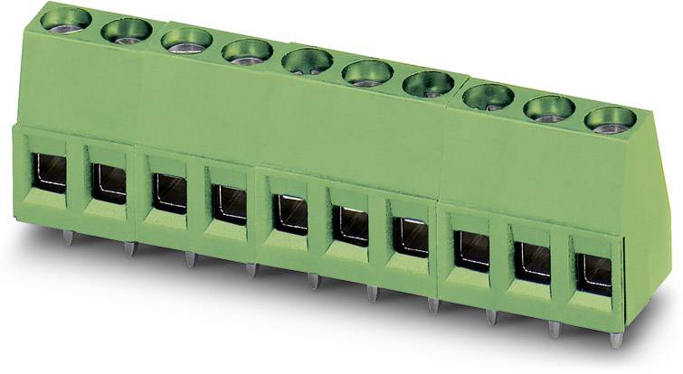 Green connector with eight connections and pin headers, in diagonal view.