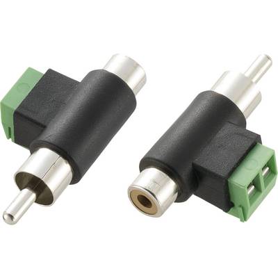 Two coaxial RCA socket adapters with a black plastic housing and green screw terminals, shown in male and female configurations.