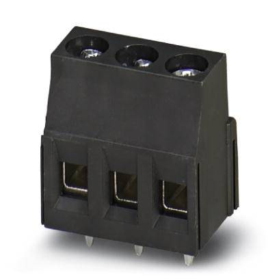 Black, three-pole electrical plug, suitable for printed circuit board mounting, with three round openings and metallic contacts.