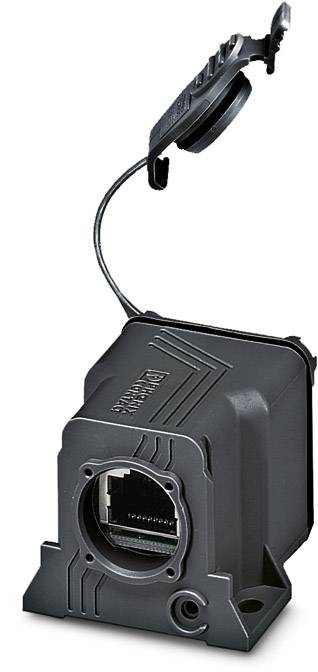 A black connector plug with an Ethernet port and removable protective cap, suitable for industrial applications.