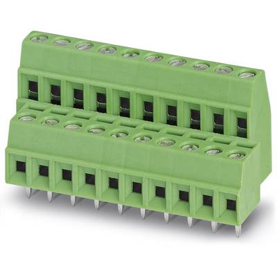 Green two-stage connector with metal pins, suitable for electronic wiring and connections.