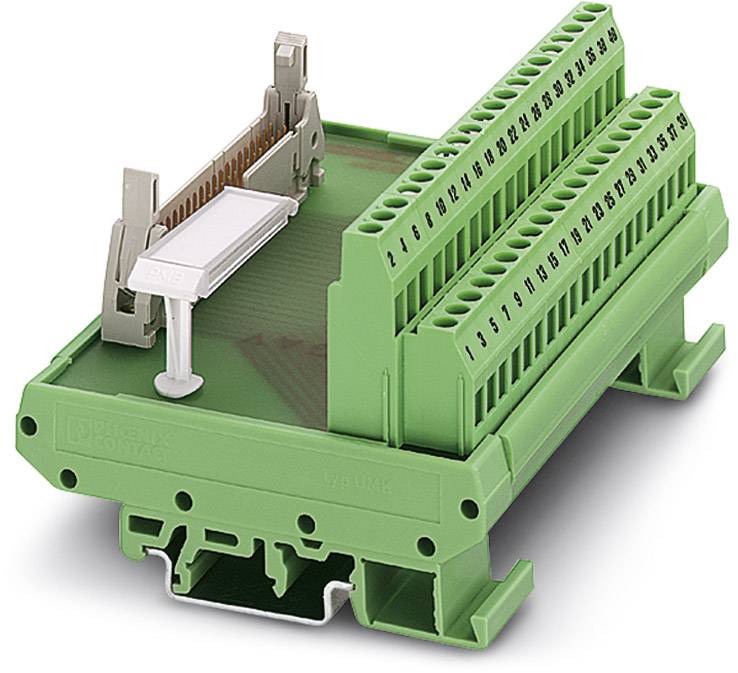 Green electrical terminal block, rectangular, with multiple connection rows and mounting clips, on a white background.