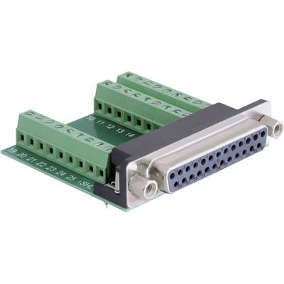 Green terminal block with 25-pin Sub-D connector, suitable for electrical connections and wiring in technical applications.