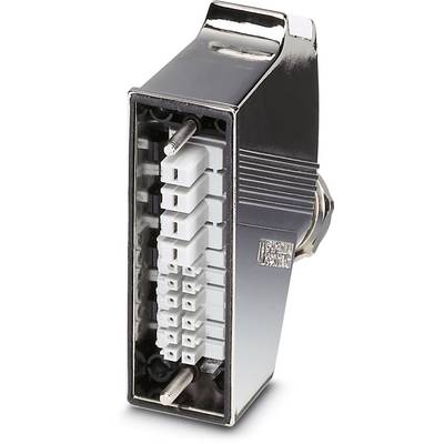 A rectangular, metallic connector with multiple white terminal blocks and two metal pins for mounting.