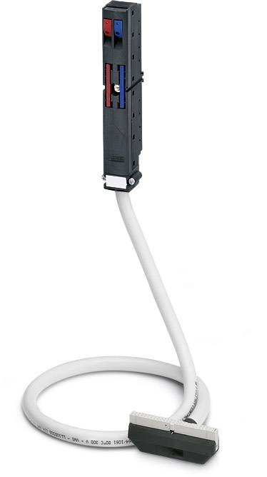 A black vertical electrical device with blue and red components, connected to a long white cable and a wide plug.