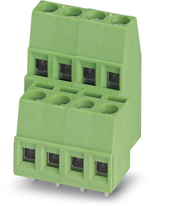 Green connector with six terminal clamps, suitable for electronic connections.