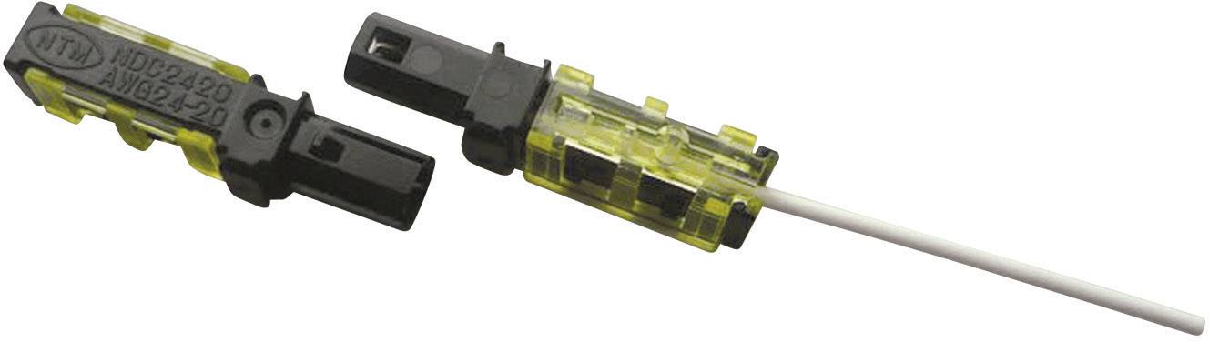 A black and yellow inline fuse holder opened, showing the end of a cable, ready for connection.