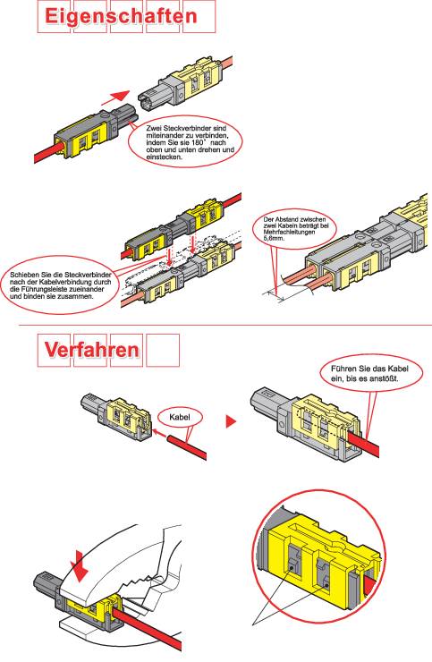 'Plug bridge' and 'cable' shown. Above: Pulling and sliding the plug bridge. Below: Inserting the cable into the connection.