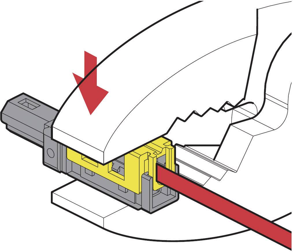 A cable is placed in a crimping tool, and the cable end is connected by pressing it with a yellow connector.