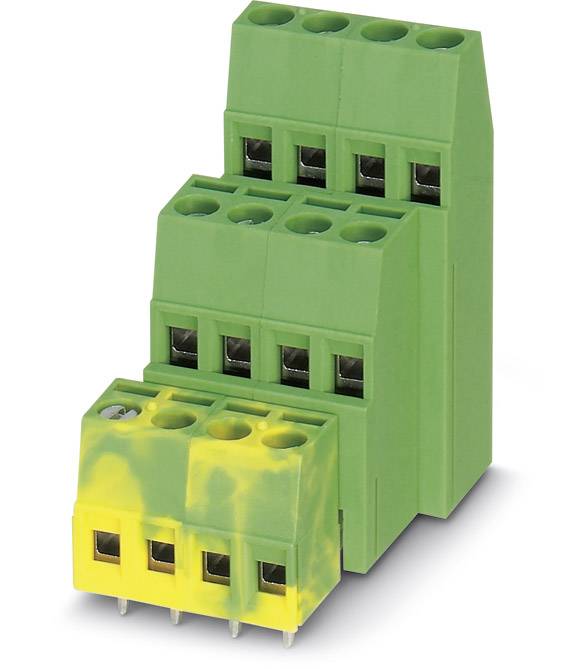 Green, multi-storey electrical terminal block module with yellow discolouration, for connecting printed circuit boards and cables.