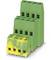 Green, multi-storey electrical terminal block module with yellow discolouration, for connecting printed circuit boards and cables.