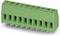 Green, slightly angled terminal block with eight connections, suitable for electrical connections on a printed circuit board.
