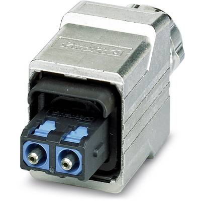 Close-up of a rectangular connector with a metallic housing and two blue socket slots.