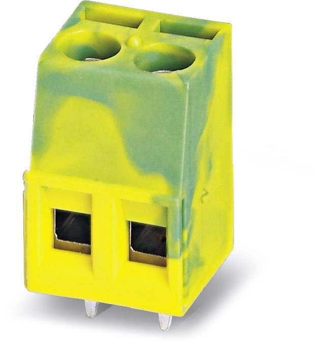 Yellow-green two-pole screw terminal with two connection options and mounting pins for electrical applications.