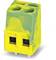 Yellow-green two-pole screw terminal with two connection options and mounting pins for electrical applications.