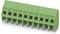 Green terminal block connector with 10 pins, typically used for electronic connections in circuits and devices.