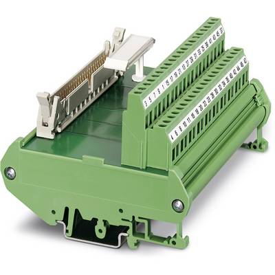 Green electrical connection module with numbered slots and levers at both ends, suitable for industrial wiring.