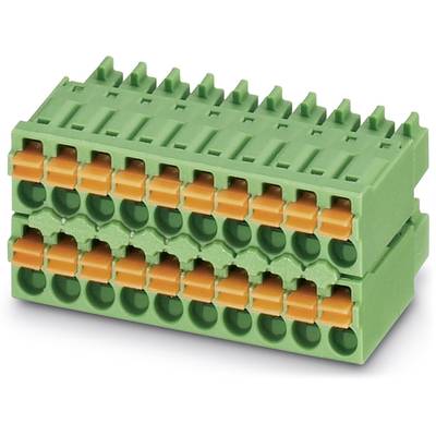 Two-storey green push-in terminal block with orange levers, suitable for electrically connecting multiple wires.