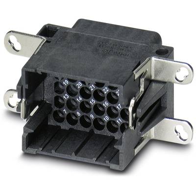 Black plastic plug with numbered metal contacts and side mounting plates, suitable for electronic connections.