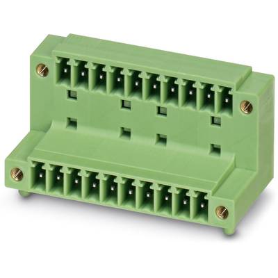 Green plastic connector with two rows of five rectangular slots, suitable for electronic applications.