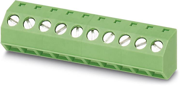 Green, rectangular electrical terminal block with eight round holes for cable connections, suitable for PCB mounting.