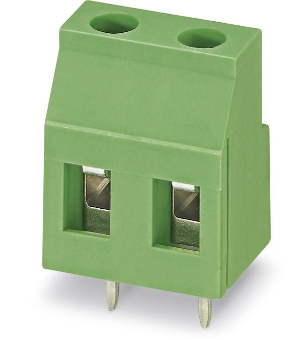 Green connector with two connections and two pins for PCB mounting.